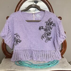 Free People Lilac Knit Top with Dark Floral Design